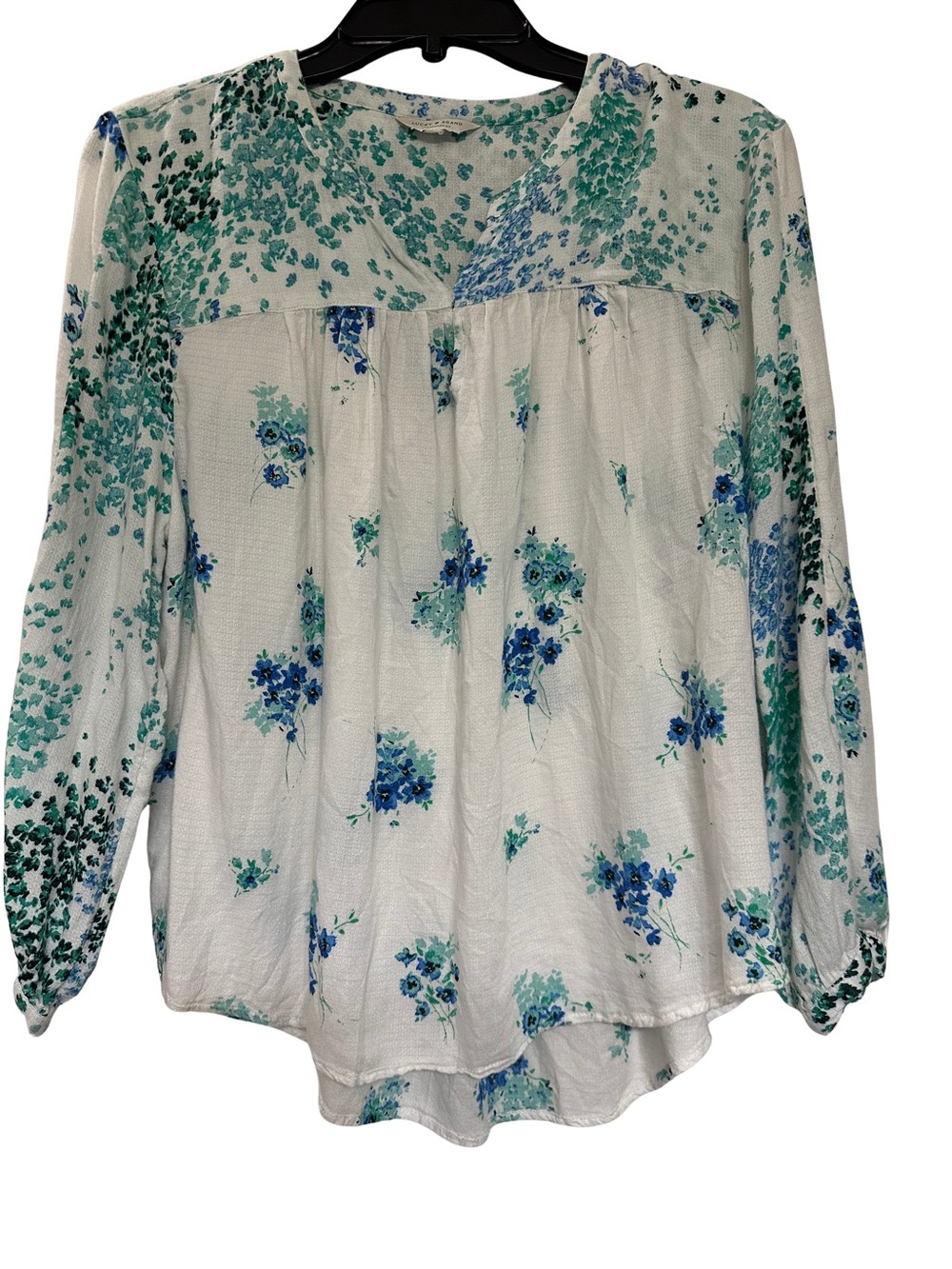 Lucky Brand Floral Peasant Blouse XL Boho Blue Green Watercolor Viscose Top